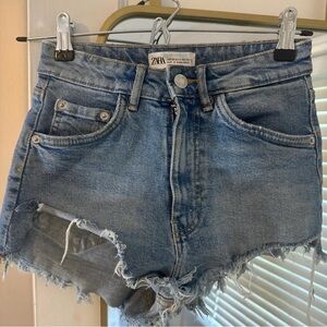 Zara Blue Jean Shorts Distressed High-Waisted